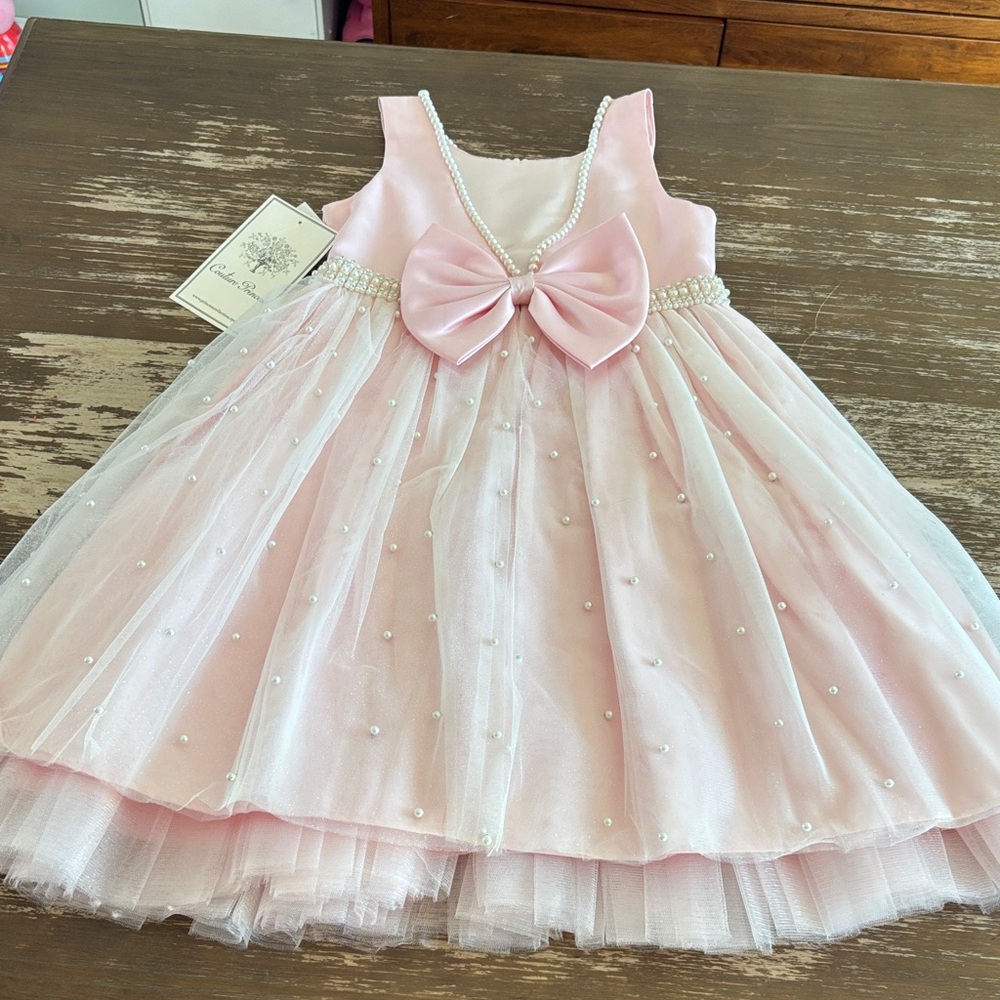 Elegant Pink Pearl Bow Tulle Dress for Girls - Classic Party Dress